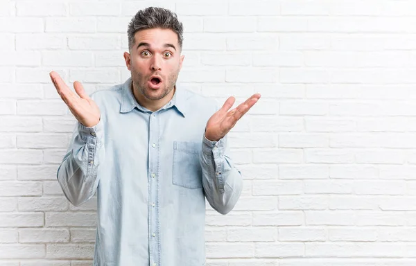 Young Handsome Man Bricks Wall Surprised Shocked — Stock Photo, Image