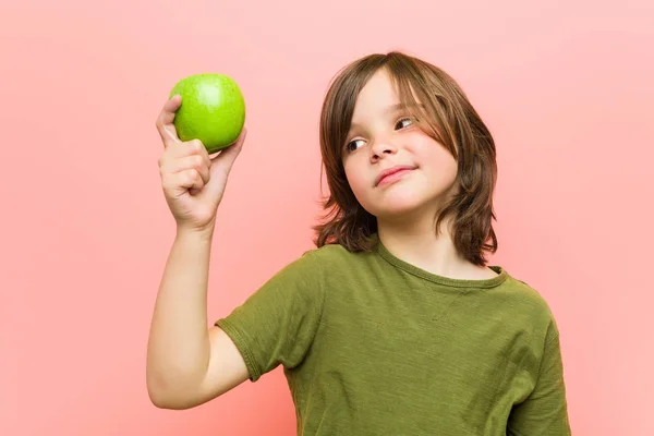 Little Caucasian Boy Holding Apple — Stock Photo, Image