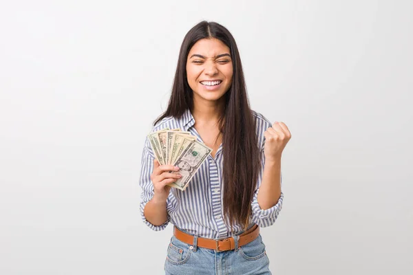 Young Arab Woman Holding Dollars Cheering Carefree Excited Victory Concept — Stock Photo, Image