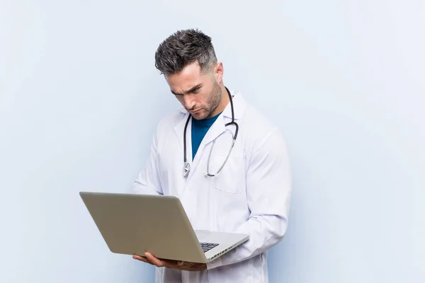 Caucasian Doctor Man Holding Laptop Smiling Confident Crossed Arms — Stock Photo, Image