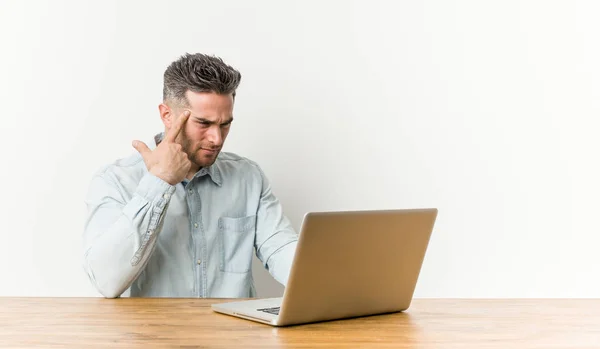 Young Handsome Man Working His Laptop Showing Disappointment Gesture Forefinger — Stock Photo, Image