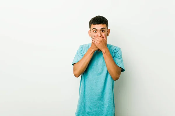 Young Hispanic Man Shocked Covering Mouth Hands — Stock Photo, Image