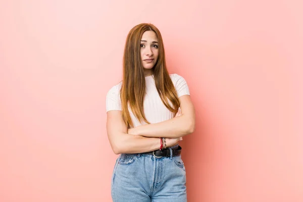 Young Redhead Ginger Woman Pink Wall Unhappy Looking Camera Sarcastic — Stock Photo, Image