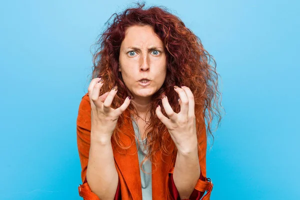 Young Redhead Elegant Woman Upset Screaming Tense Hands — Stock Photo, Image