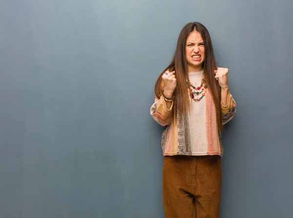 Young Hippie Woman Screaming Very Angry Aggressive — Stock Photo, Image