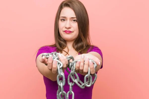 Young Caucasian Woman Chained — Stock Photo, Image