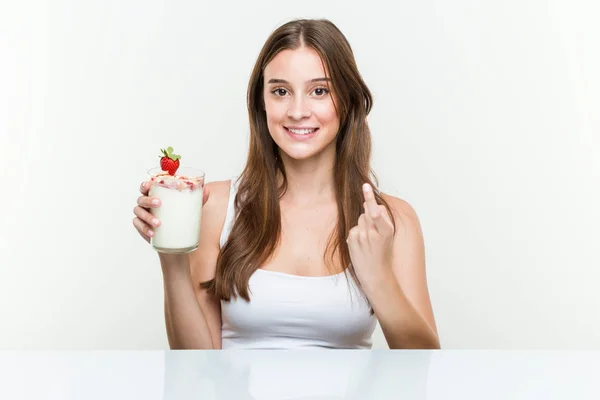 Young Caucasian Woman Holding Smoothie Pointing Finger You Inviting Come Stock Photo