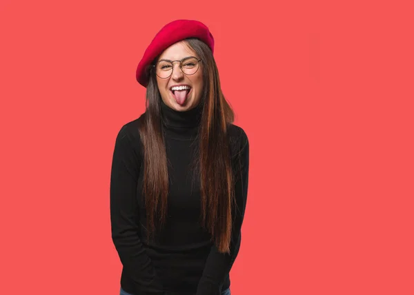 Young Artist Woman Funnny Friendly Showing Tongue — Stock Photo, Image