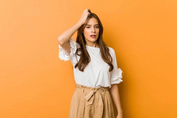 Young Caucasian Woman Tired Very Sleepy Keeping Hand Head — Stock Photo, Image