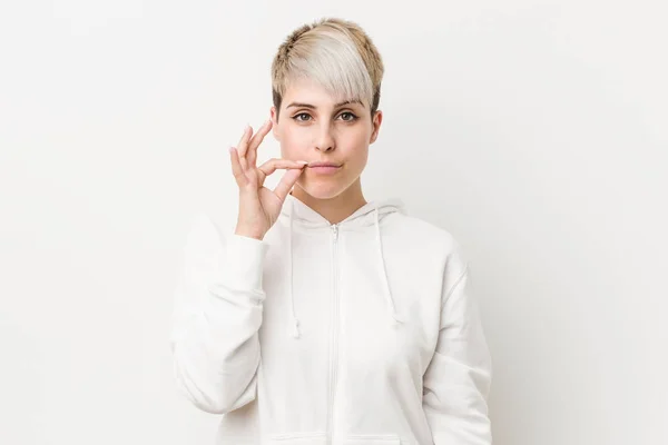 Young Curvy Woman Wearing White Hoodie Fingers Lips Keeping Secret — Stock Photo, Image