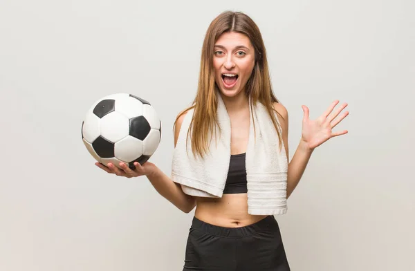 Young Fitness Russian Woman Celebrating Victory Success Holding Soccer Ball — Stock Photo, Image
