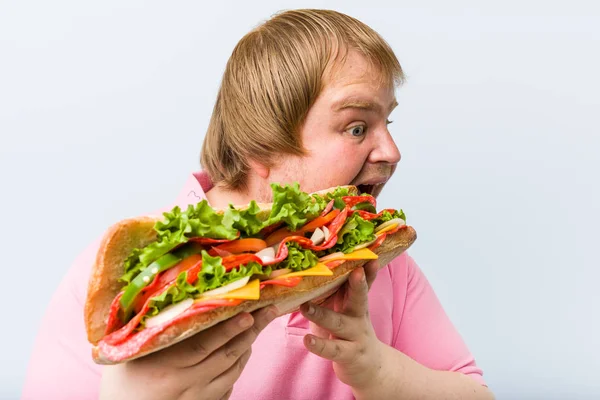 Caucasian Crazy Blond Fat Man Holding Giant Sandwich — Stock Photo, Image