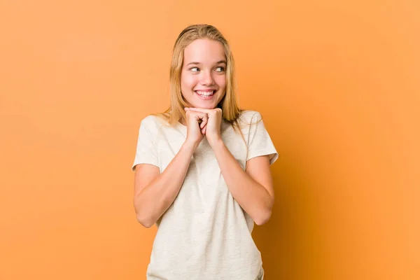 Cute Natural Teenager Woman Keeps Hands Chin Looking Happily Aside — Stock Photo, Image