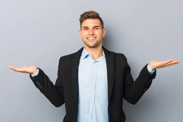 Young Handsome Caucasian Man Makes Scale Arms Feels Happy Confident — Stock Photo, Image