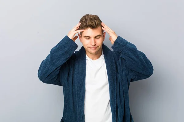 Young Caucasian Man Wearing Pajama Touching Temples Having Headache — Stock Photo, Image