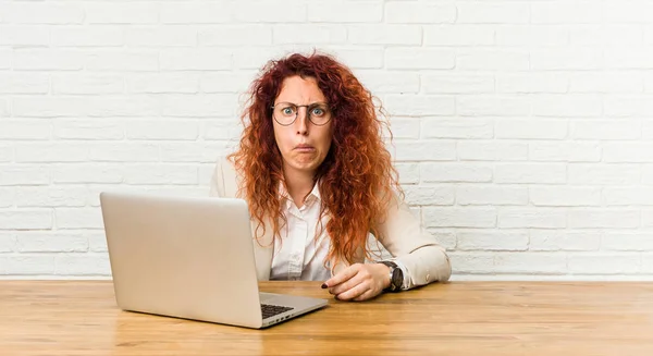 Junge Rothaarige Lockige Frau Die Mit Ihrem Laptop Arbeitet Zuckt — Stockfoto