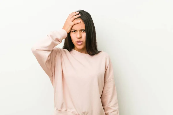 Young Cute Hispanic Teenager Woman Tired Very Sleepy Keeping Hand — Stock Photo, Image