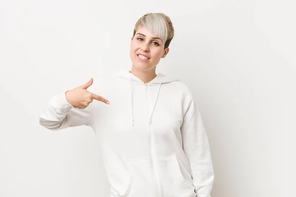 Young Curvy Woman Wearing White Hoodie Person Pointing Hand Shirt — 图库照片