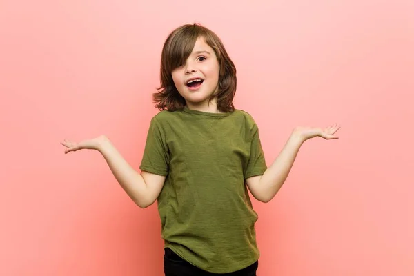 Little Boy Confused Doubtful Shrugging Shoulders Hold Copy Space — Stock Photo, Image