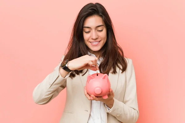 Young Caucasian Woman Holding Piggy Bank — Stock Photo, Image