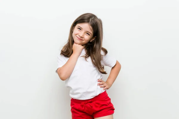 Little Caucasian Girl Looking Sideways Doubtful Skeptical Expression — Stock Photo, Image