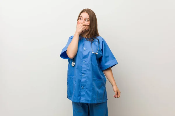 Young Nurse Woman White Wall Thoughtful Looking Copy Space Covering — Stock Photo, Image