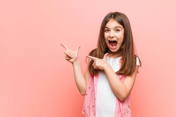 Cute Little Girl Pointing Forefingers Copy Space Expressing Excitement Desire — Stock Photo, Image