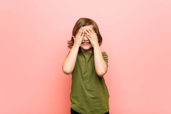 Little Boy Covers Eyes Hands Smiles Broadly Waiting Surprise — Stock Photo, Image