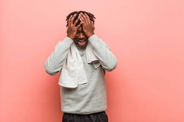 Young Fitness African Black Man Covers Eyes Hands Smiles Broadly — Stock Photo, Image