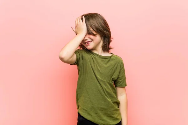 Little Boy Forgetting Something Slapping Forehead Palm Closing Eyes — Stock Photo, Image