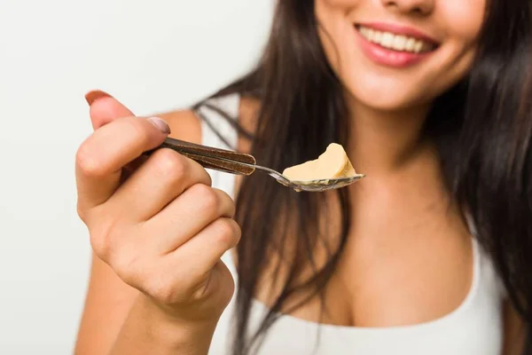 Young Hispanic Woman Having Breakfast Table — Stock Photo, Image