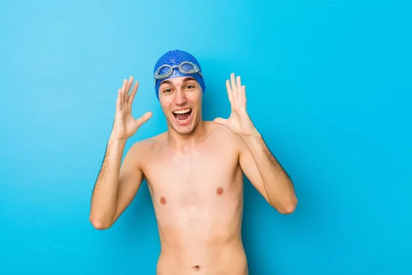 Young Swimmer Man Celebrating Victory Success Surprised Shocked — Stock Photo, Image