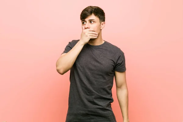 Young Hispanic Casual Man Thoughtful Looking Copy Space Covering Mouth — Stock Photo, Image