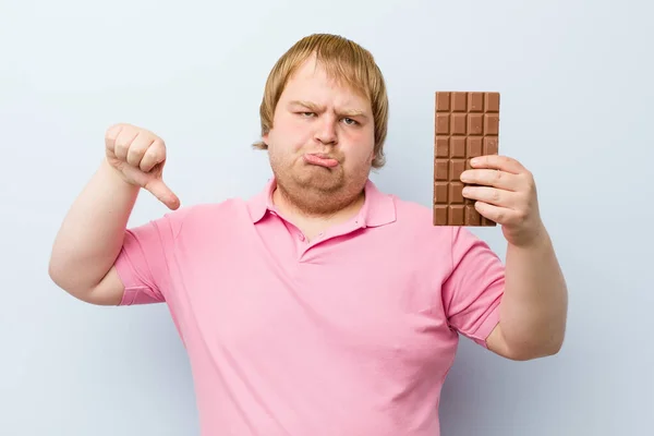 Caucasian Crazy Blond Fat Man Holding Chocolate Tablet — Stock Photo, Image