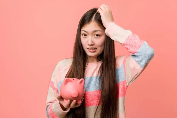 Young Asian Woman Holding Piggy Bank Being Shocked She Has — Stock Photo, Image