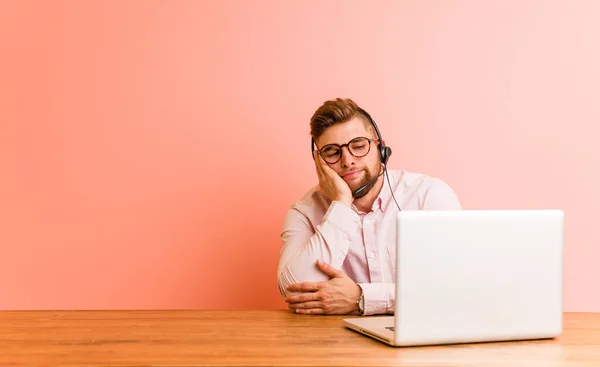 Young Man Working Call Center Who Bored Fatigued Need Relax — 스톡 사진