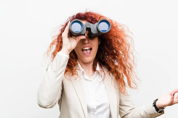Young Caucasian Business Redhead Woman Holding Binoculars Celebrating Victory Success — Stock Photo, Image