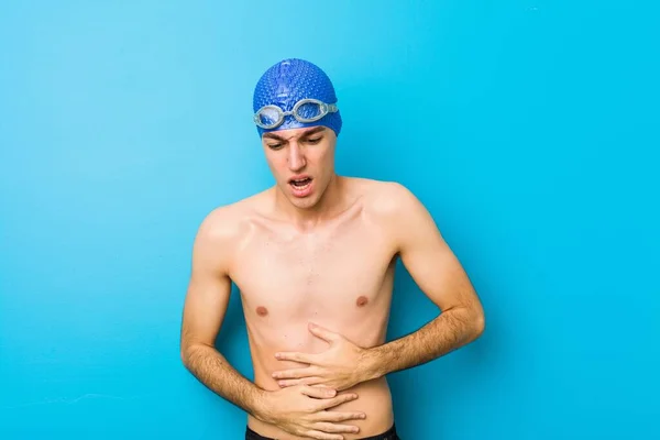 Młody Pływak Chory Cierpiący Ból Brzucha Bolesna Koncepcja Choroby — Zdjęcie stockowe