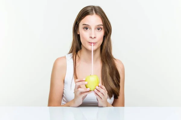 Young Caucasian Woman Drinking Apple Straw Healthy Life Concept — Stock Photo, Image
