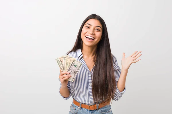 Young Arab Woman Holding Dollars Celebrating Victory Success — Stock Photo, Image