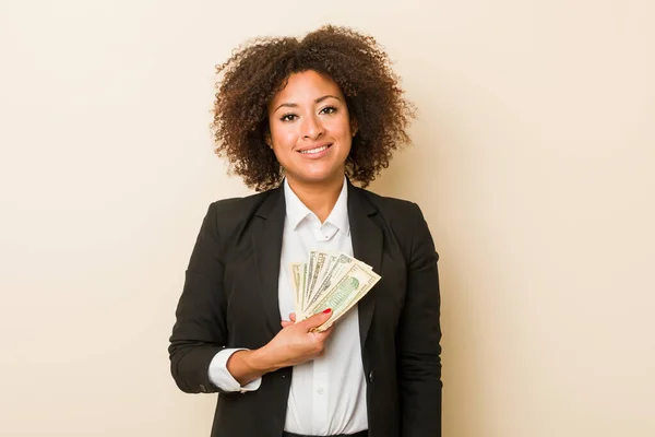 Young African American Woman Holding Dollars Happy Smiling Cheerful — Stock Photo, Image