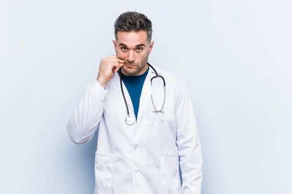 Young Handsome Doctor Man Fingers Lips Keeping Secret — Stock Photo, Image