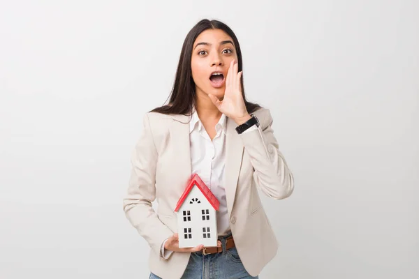 Young Arab Woman Holding House Icon Shouting Excited Front — Stock Photo, Image