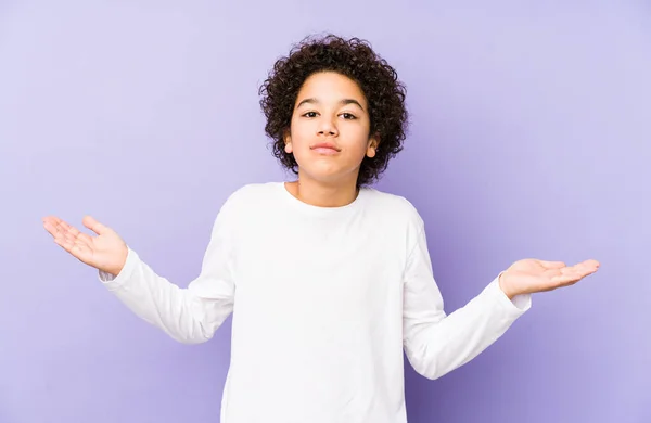 African American Little Boy Isolated Doubting Shrugging Shoulders Questioning Gesture — Stock Photo, Image