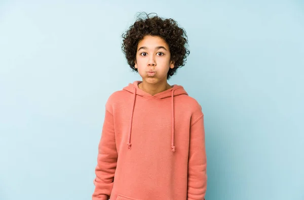 African American Little Boy Isolated Blows Cheeks Has Tired Expression — Stock Photo, Image