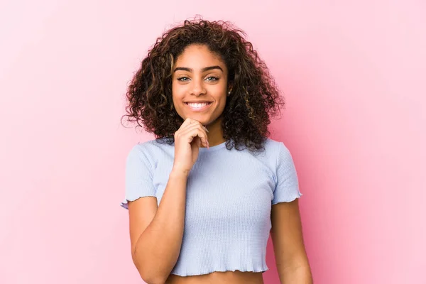 Young African American Woman Pink Background Smiling Happy Confident Touching — Stock Photo, Image