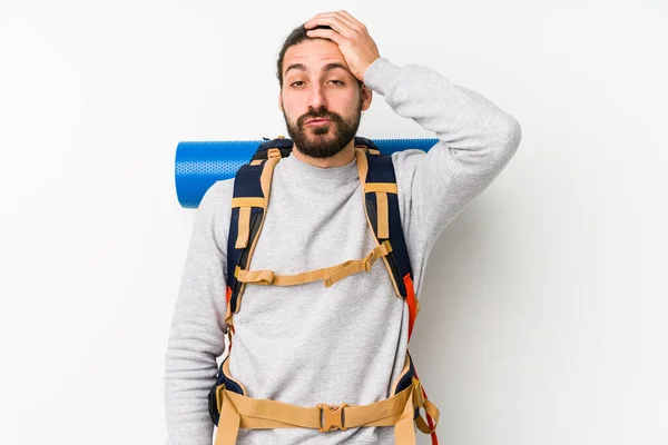 Ung Backpacker Man Isolerad Vit Bakgrund Blir Chockad Hon Har — Stockfoto