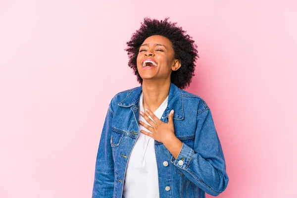 Young African American Woman Pink Backgroound Isolated Laughs Out Loudly — Stock Photo, Image