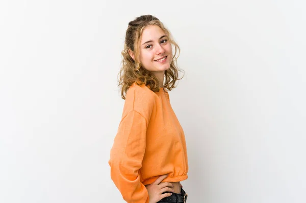 Young Caucasian Woman White Backrgound Confident Keeping Hands Hips — Stock Photo, Image