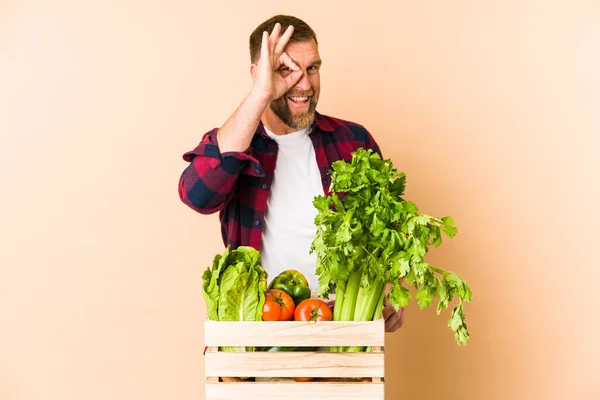 Farmer Senior Man Isolated Beige Background Excited Keeping Gesture Eye — Stock Photo, Image